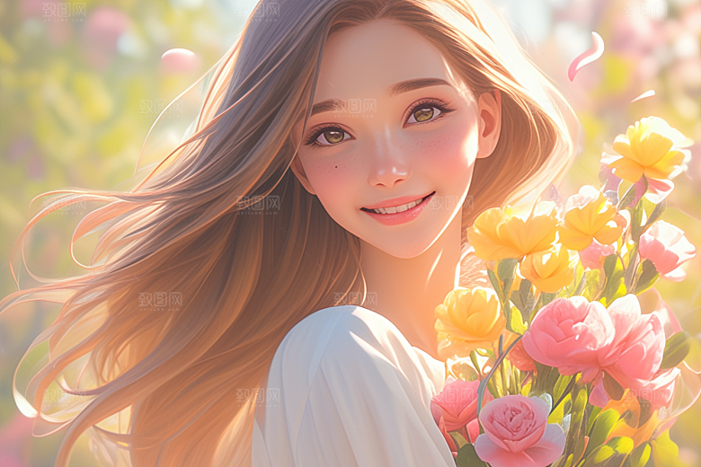 手捧鲜花的少女唯美飞舞的裙摆素材
