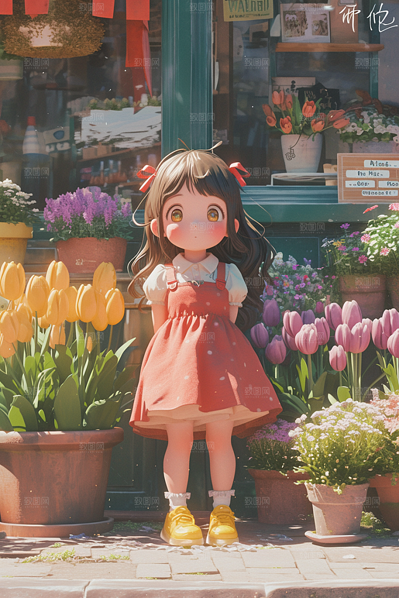 手捧鲜花的少女清新春天素材