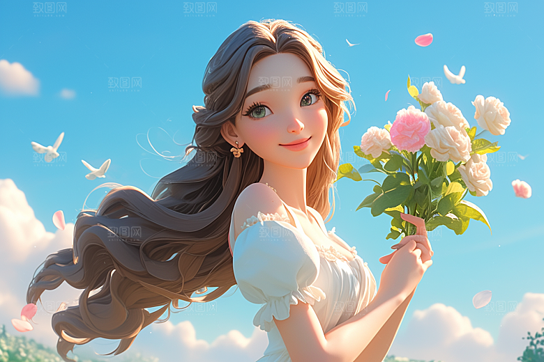手捧鲜花的少女唯美人物素材