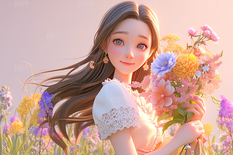 手捧鲜花的少女梦幻唯美素材