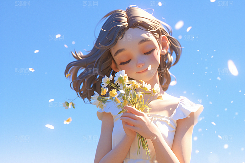 手捧鲜花的少女立体清新素材