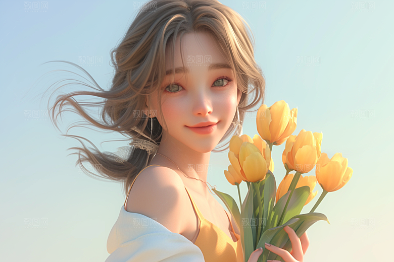 手捧鲜花的少女花朵梦幻素材