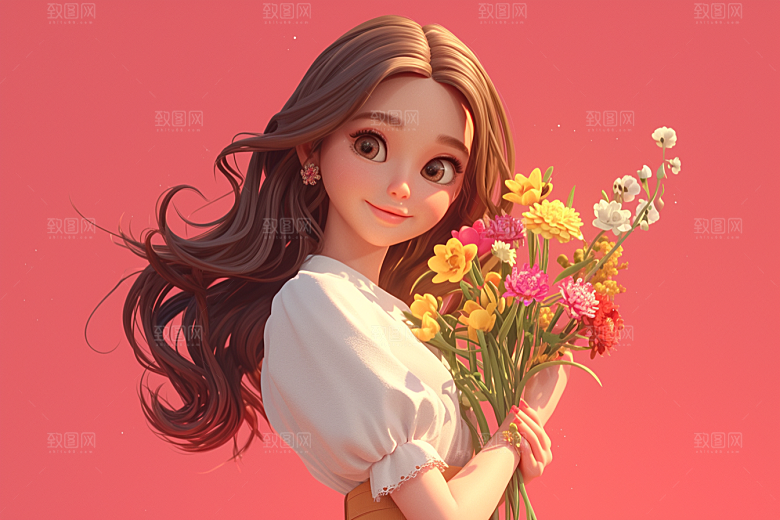手捧鲜花的少女花朵春天素材