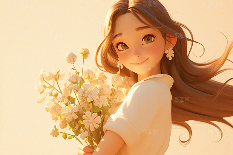 手捧鲜花的少女春天自然素材