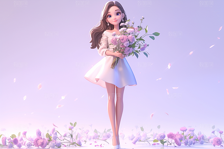 手捧鲜花的少女模型人物素材