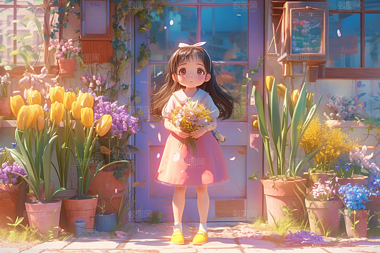 手捧鲜花的少女肖像青春素材