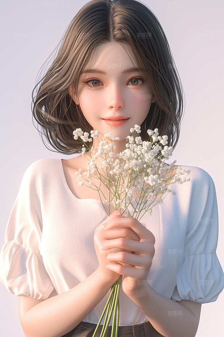 手捧鲜花的少女清新3D素材