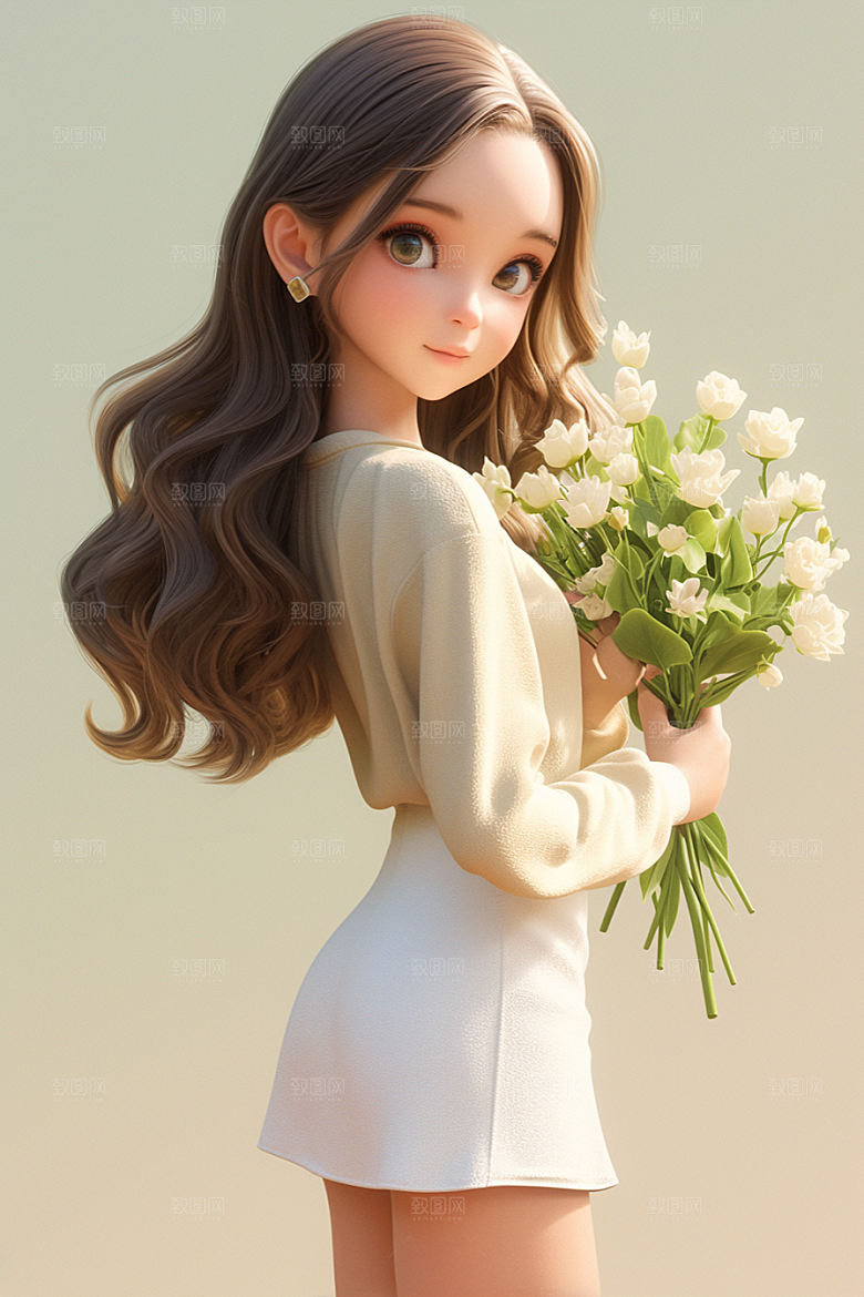 手捧鲜花的少女3D清新素材