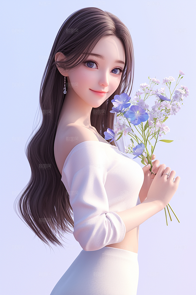 手捧鲜花的少女花朵3D素材
