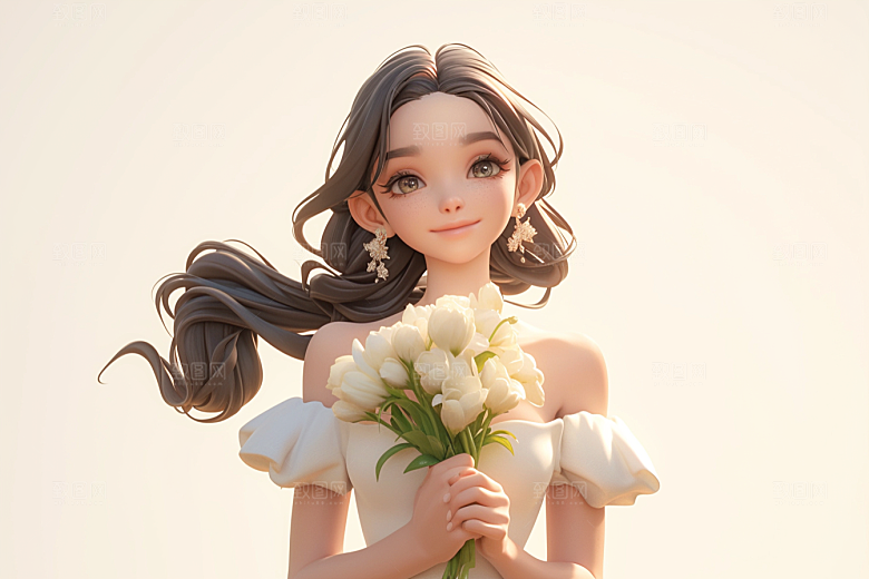 手捧鲜花的少女春天模型素材
