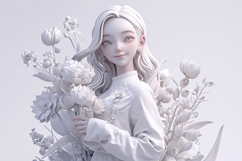 手捧鲜花的少女自然烂漫素材