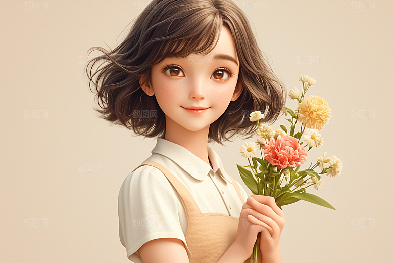 手捧鲜花的少女唯美立体素材