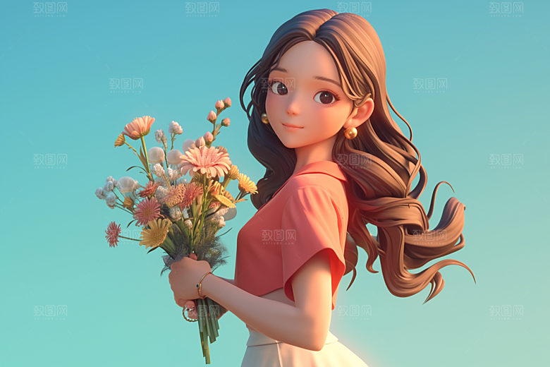 手捧鲜花的少女人物自然素材