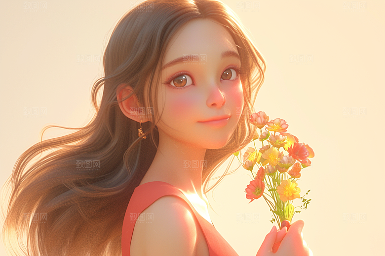 手捧鲜花的少女春天唯美素材