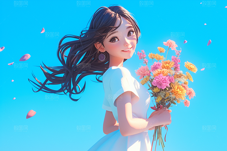 手捧鲜花的少女3D春天素材