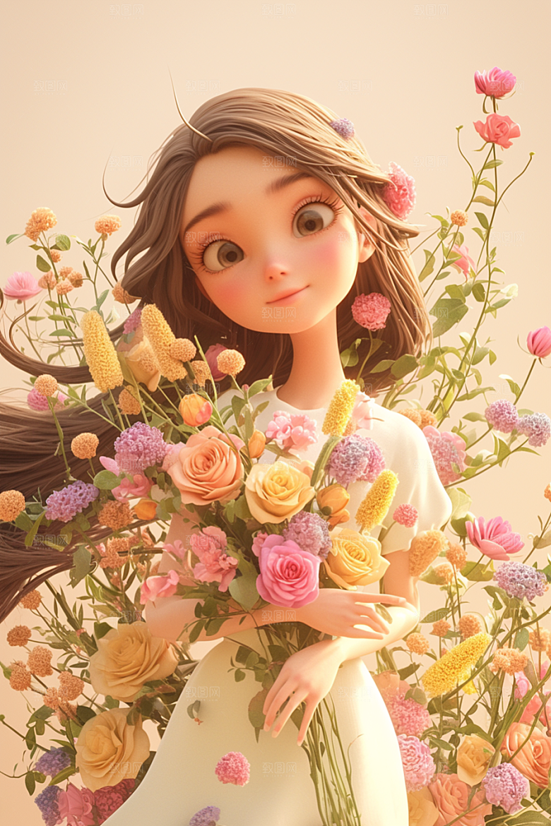 手捧鲜花的少女唯美梦幻素材