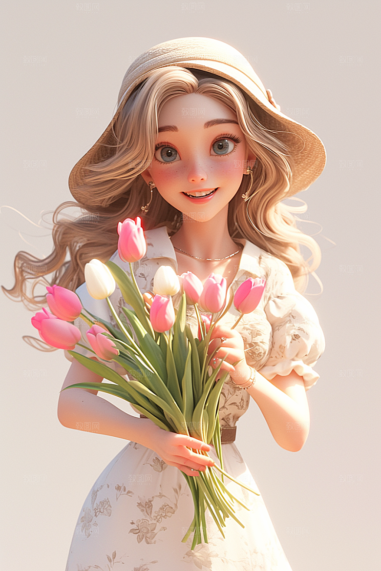 手捧鲜花的少女春天自然素材