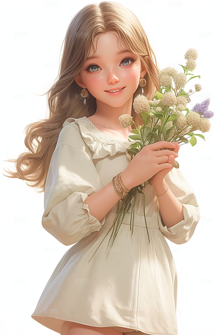 手捧鲜花的少女立体春天素材