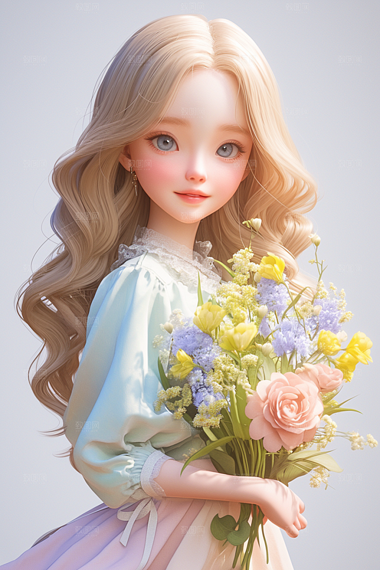 手捧鲜花的少女花朵模型素材