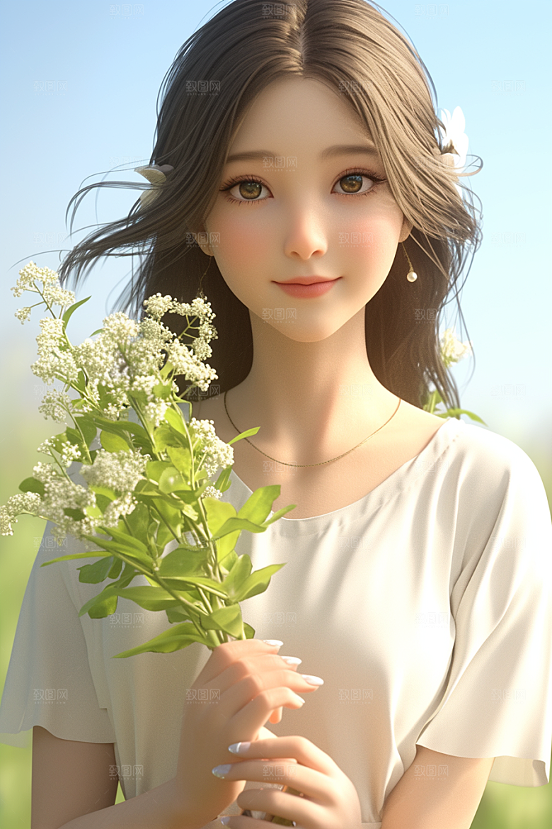 手捧鲜花的少女人物3D素材