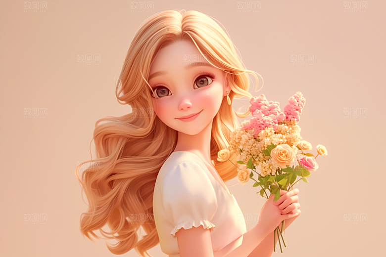手捧鲜花的少女烂漫清新素材
