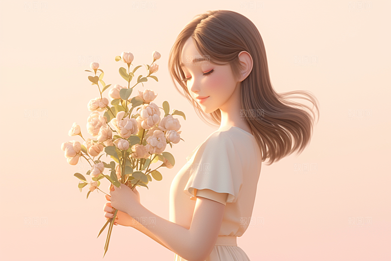 手捧鲜花的少女青春梦幻素材