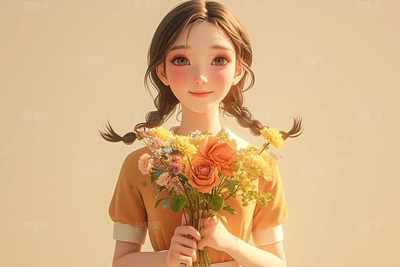 手捧鲜花的少女肖像梦幻素材