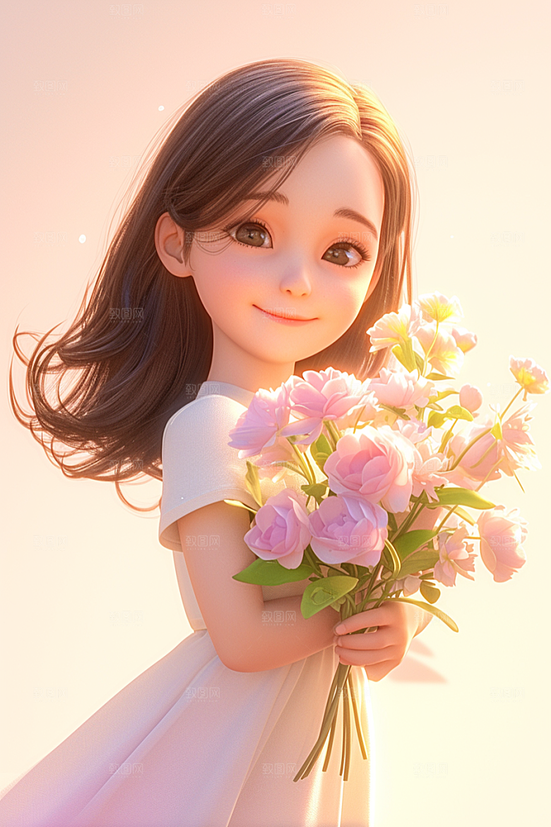 手捧鲜花的少女烂漫梦幻素材