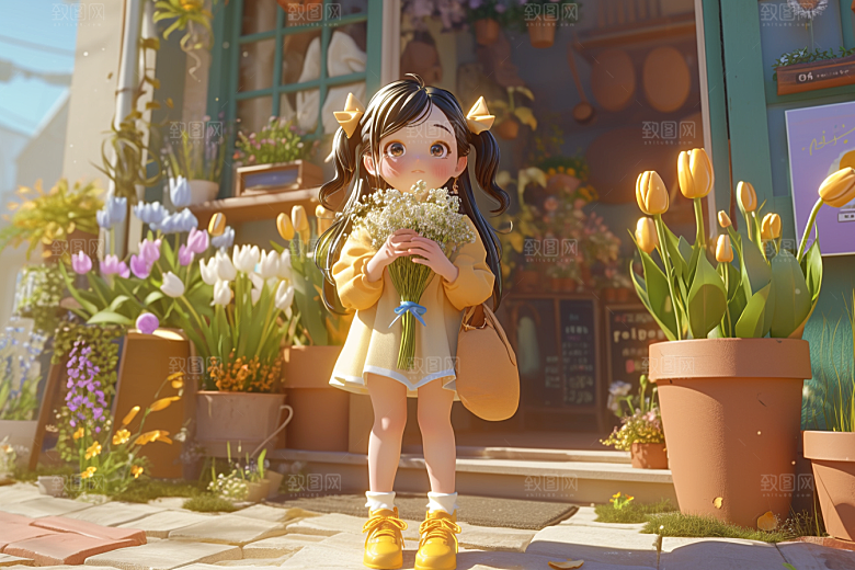 手捧鲜花的少女3D模型素材