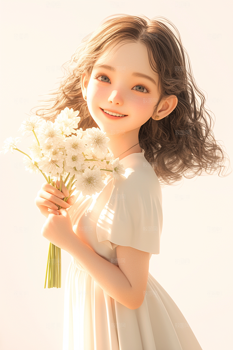 手捧鲜花的少女3D花朵素材