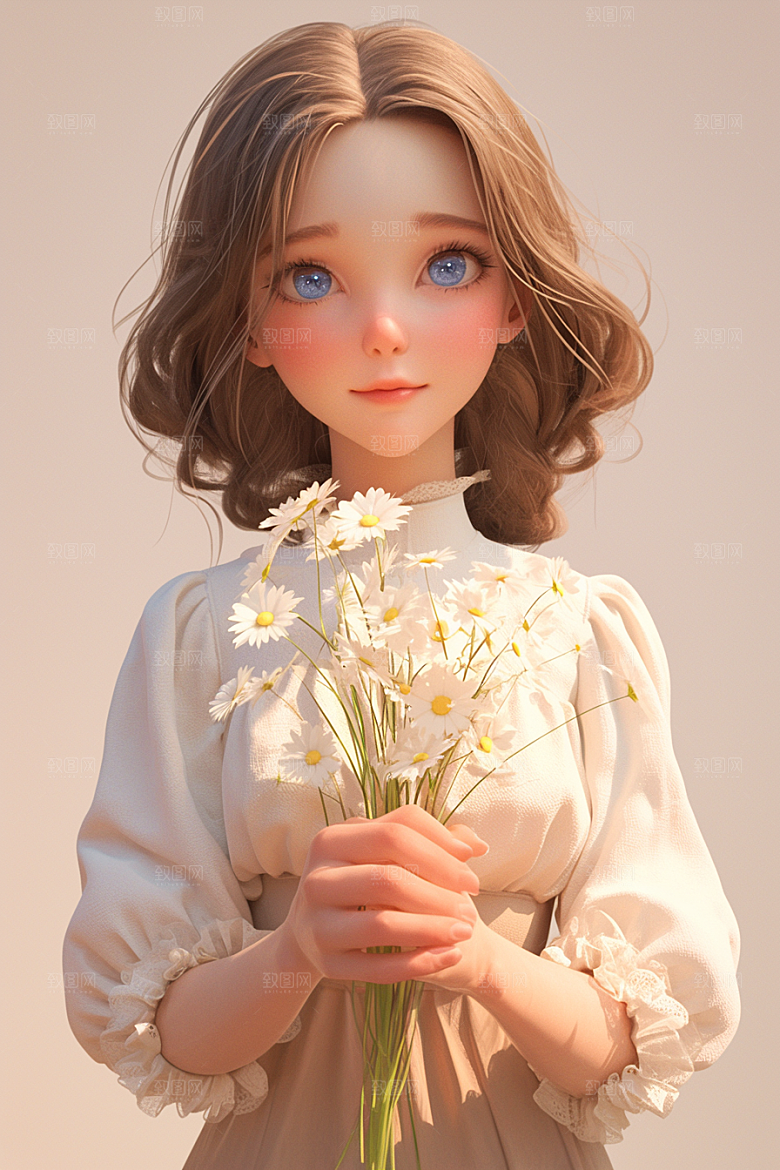 手捧鲜花的少女人物清新素材