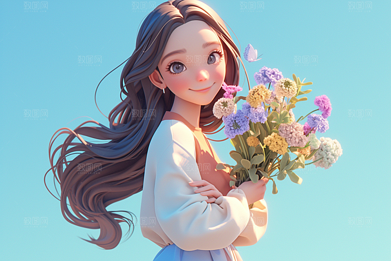 手捧鲜花的少女青春烂漫素材