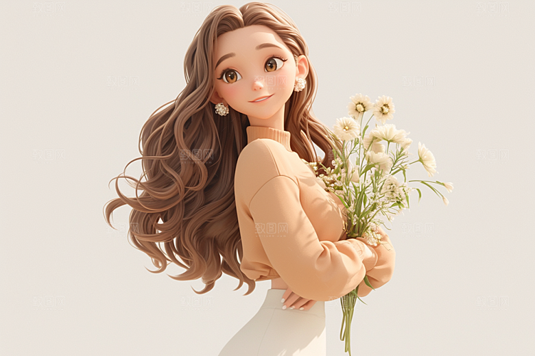 手捧鲜花的少女梦幻青春素材