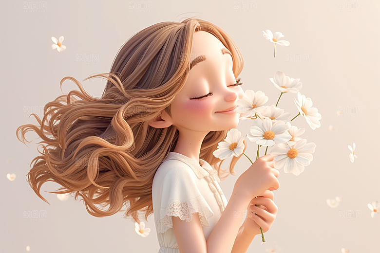 手捧鲜花的少女烂漫立体素材