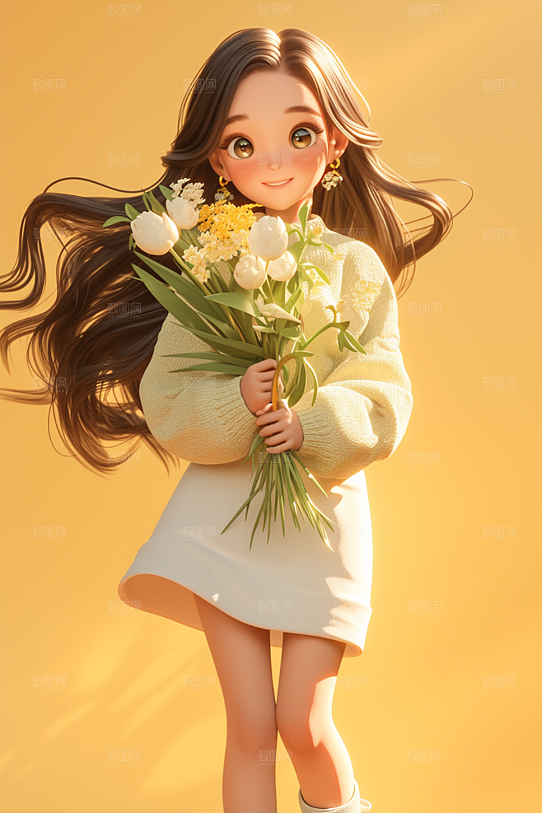 手捧鲜花的少女肖像飞舞的裙摆素材
