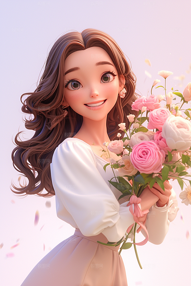 手捧鲜花的少女立体唯美素材