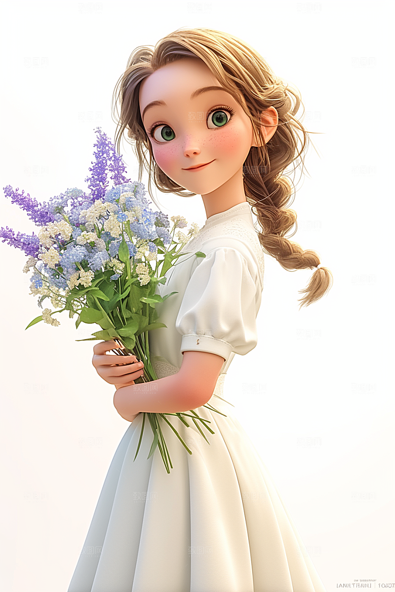 手捧鲜花的少女3D春天素材