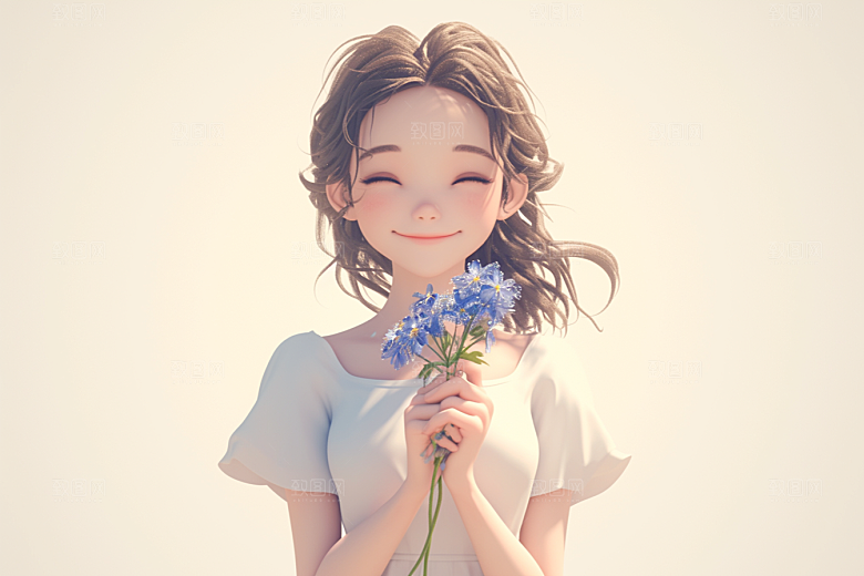 手捧鲜花的少女模型人物素材