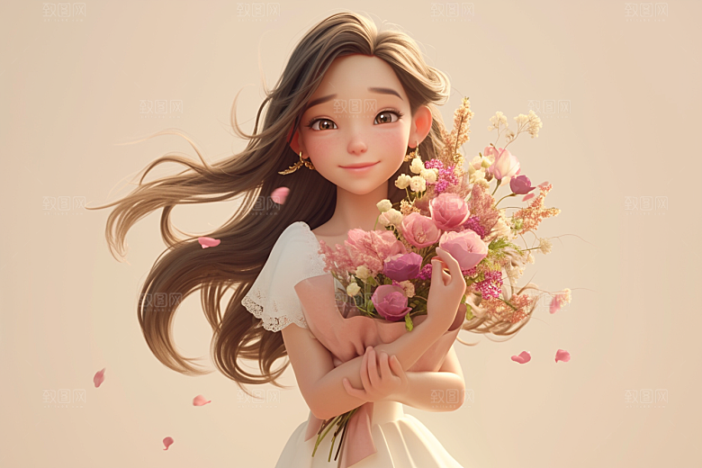手捧鲜花的少女青春人物素材