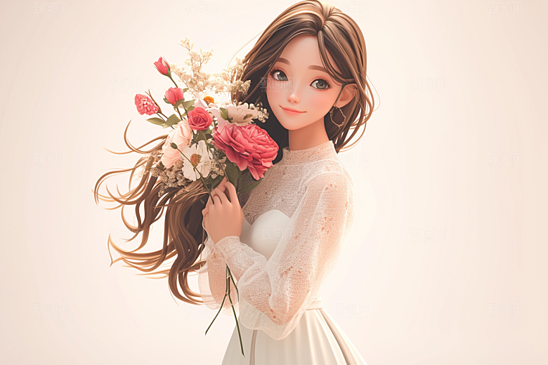 手捧鲜花的少女花朵春天素材