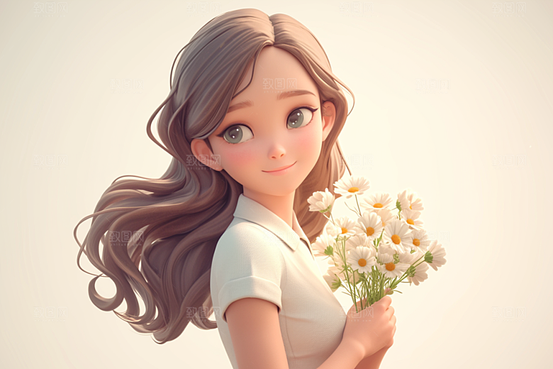 手捧鲜花的少女清新唯美素材