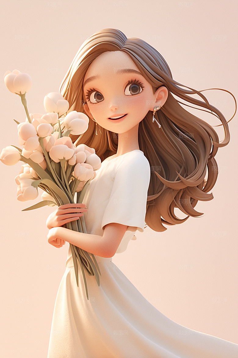 手捧鲜花的少女春天烂漫素材