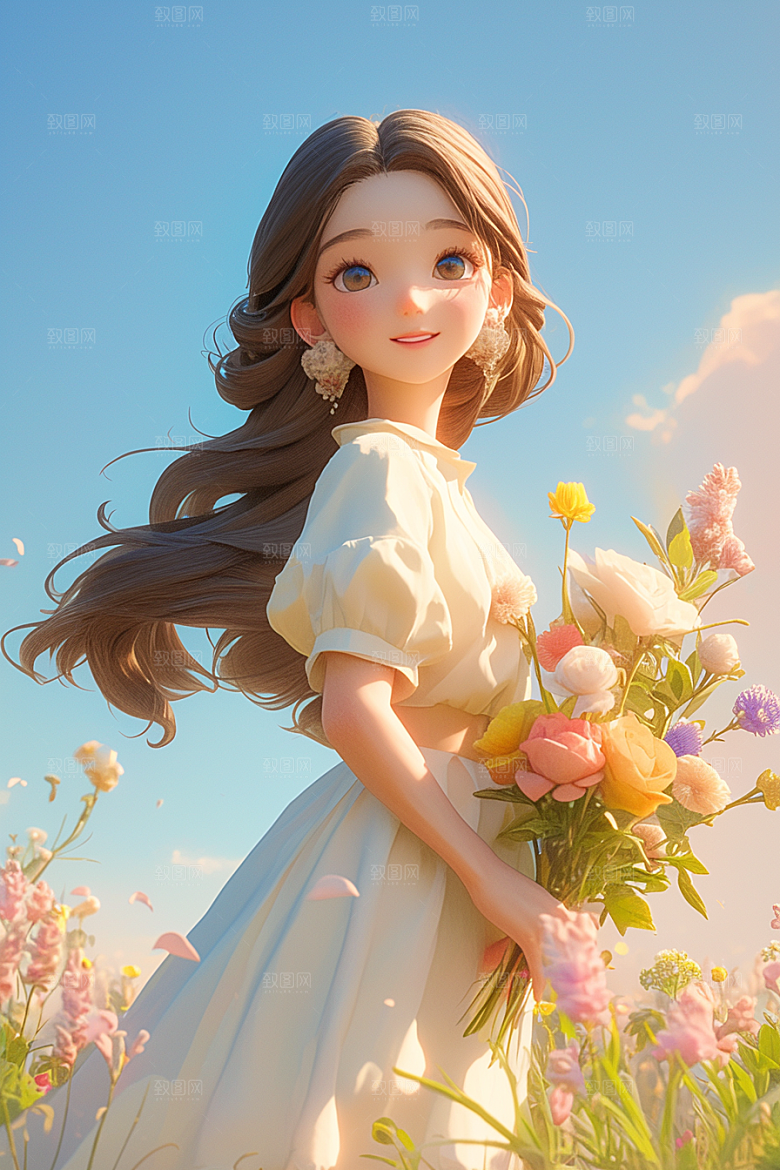 手捧鲜花的少女青春花朵素材