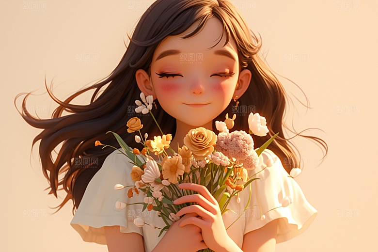手捧鲜花的少女肖像青春素材