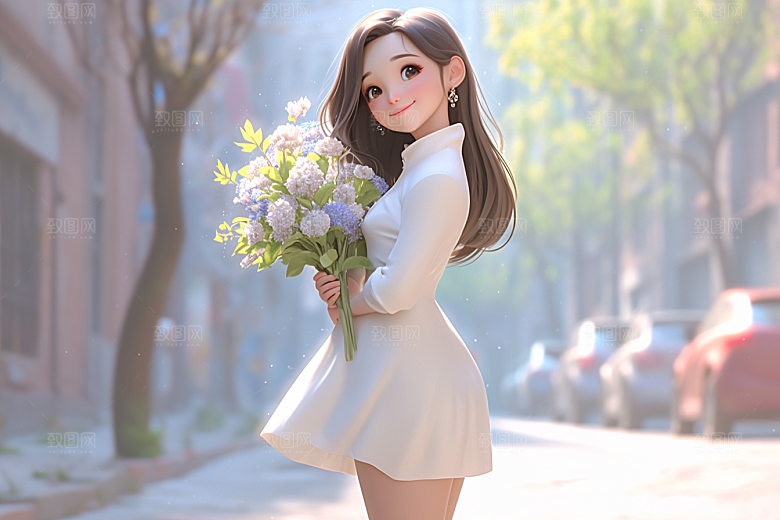 手捧鲜花的少女唯美梦幻素材
