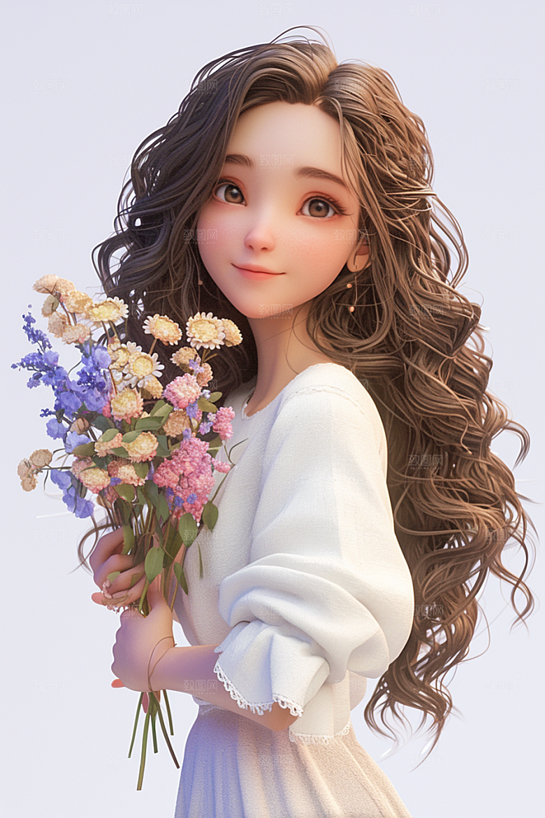 手捧鲜花的少女梦幻3D素材