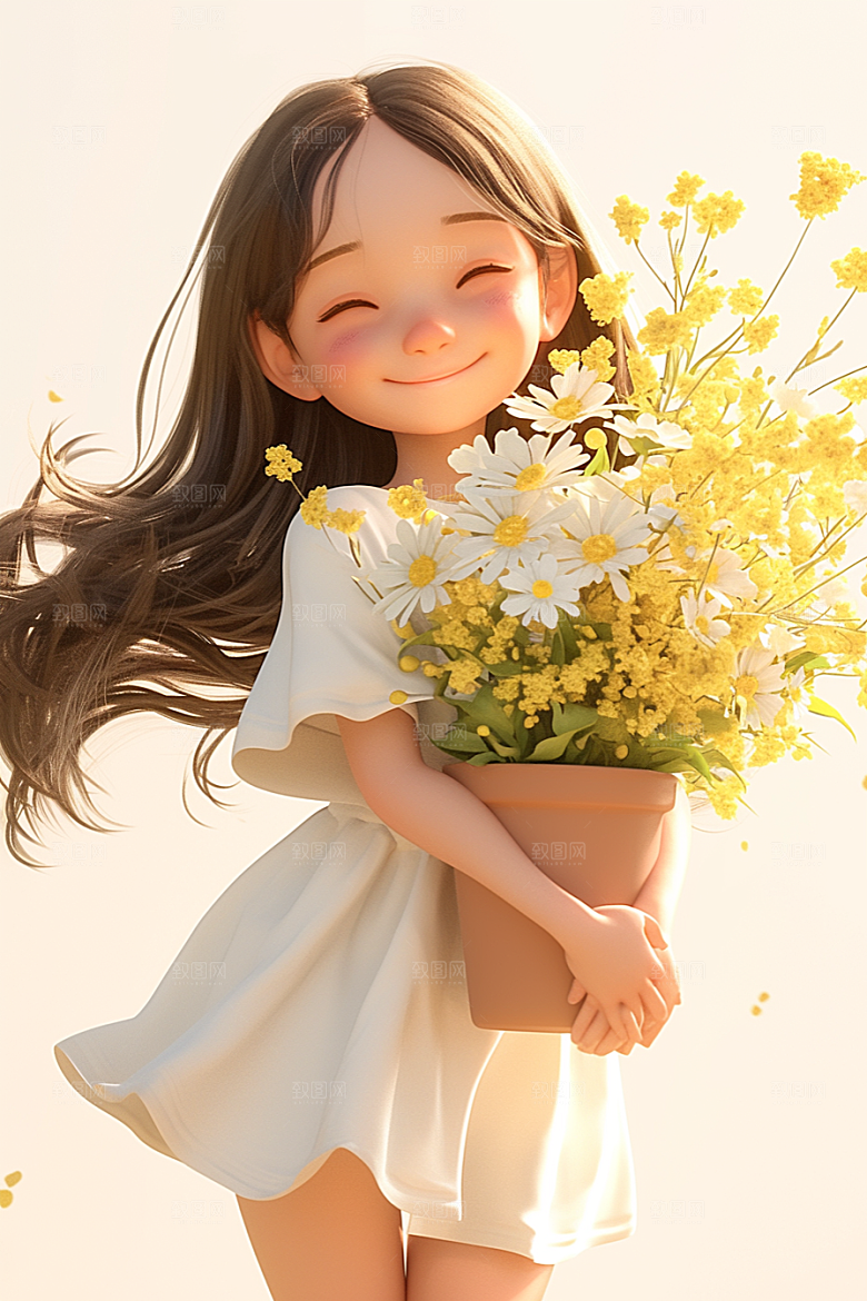 手捧鲜花的少女人物3D素材