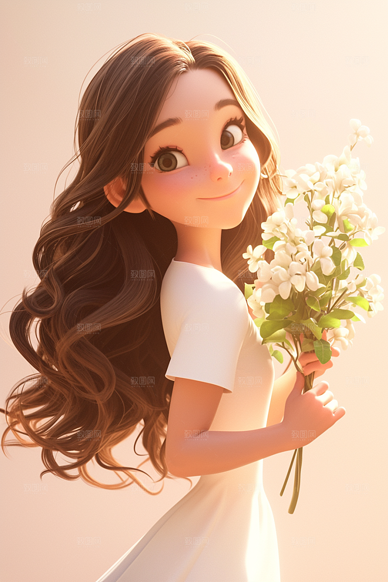 手捧鲜花的少女模型唯美素材