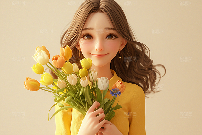 手捧鲜花的少女飞舞的裙摆3D素材