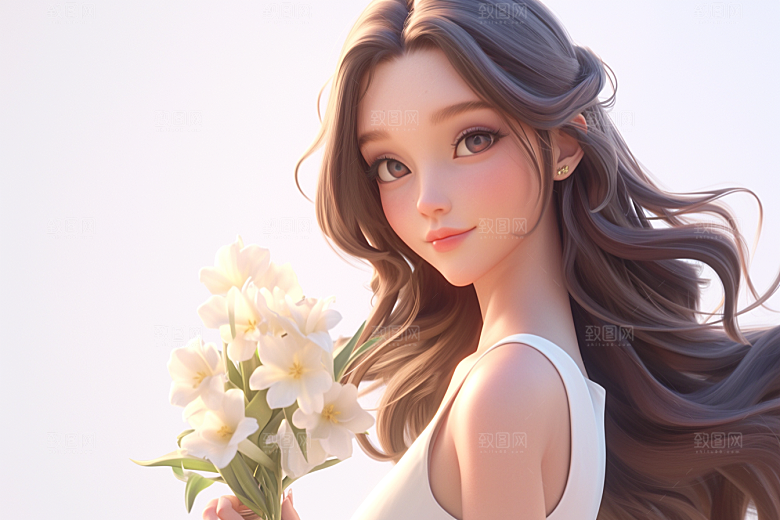 手捧鲜花的少女人物花朵素材